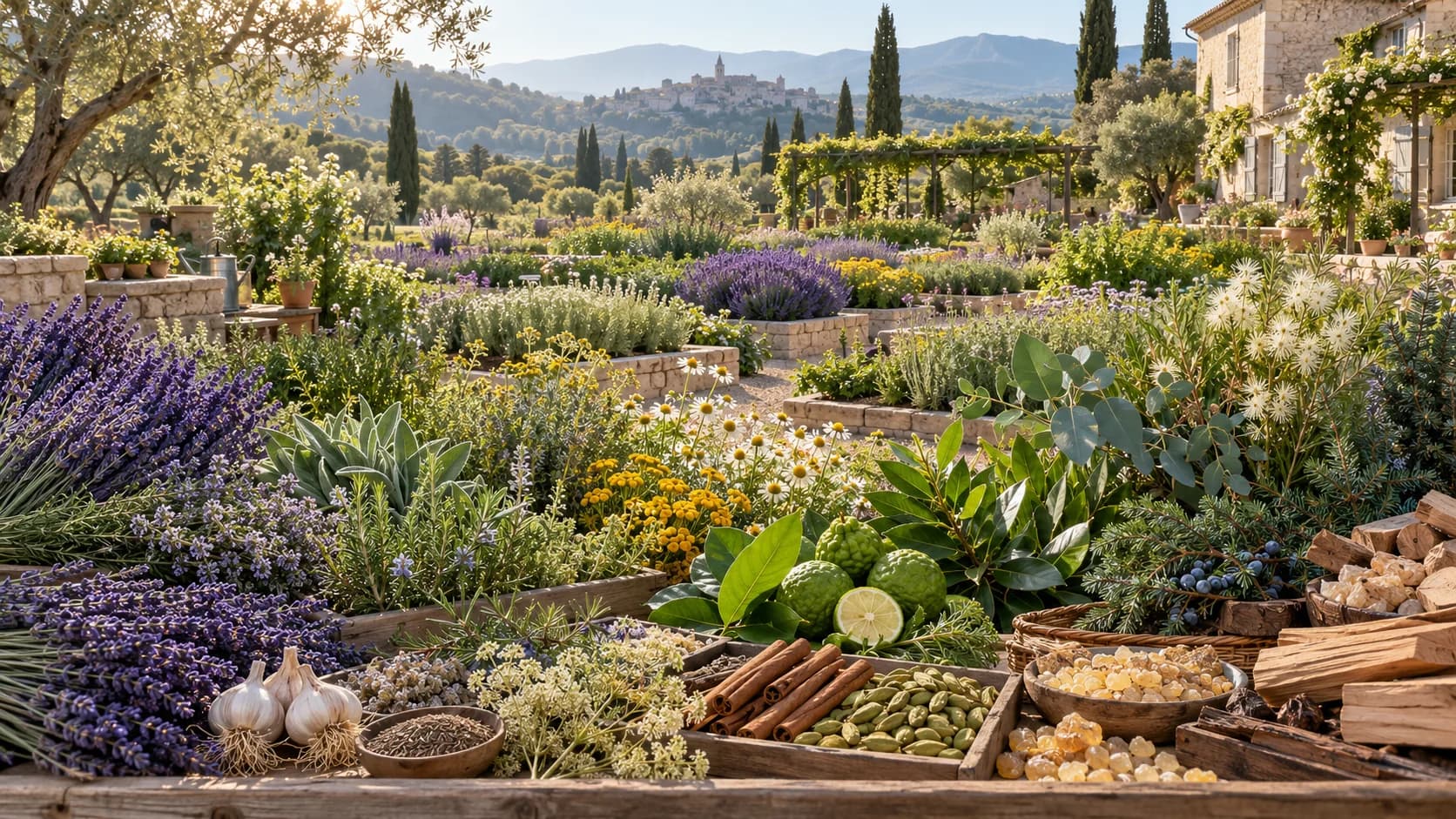 Jardin de plantes aromatiques en Provence, avec au premier plan de la lavande, des feuilles d'eucalyptus, des bergamotes, des bâtons de cannelle et des larmes de résine d'encens.
