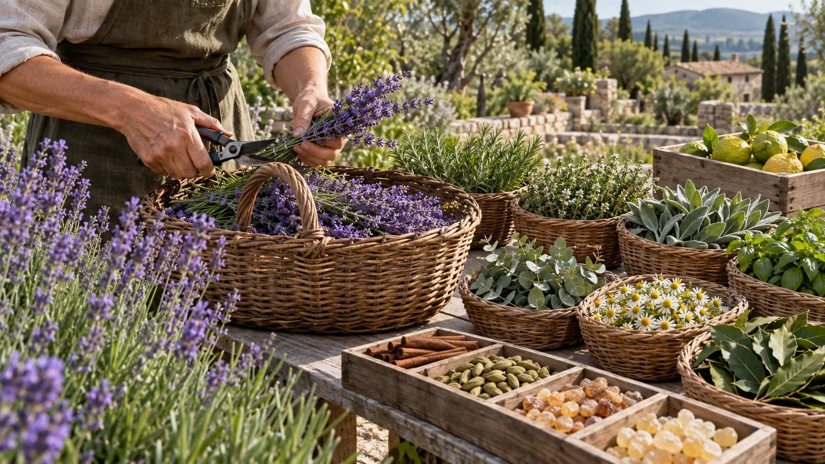 Récolte manuelle de lavande au sécateur ; sur une table, des paniers séparés de romarin, thym, sauge, eucalyptus, camomille et une caisse d'agrumes.