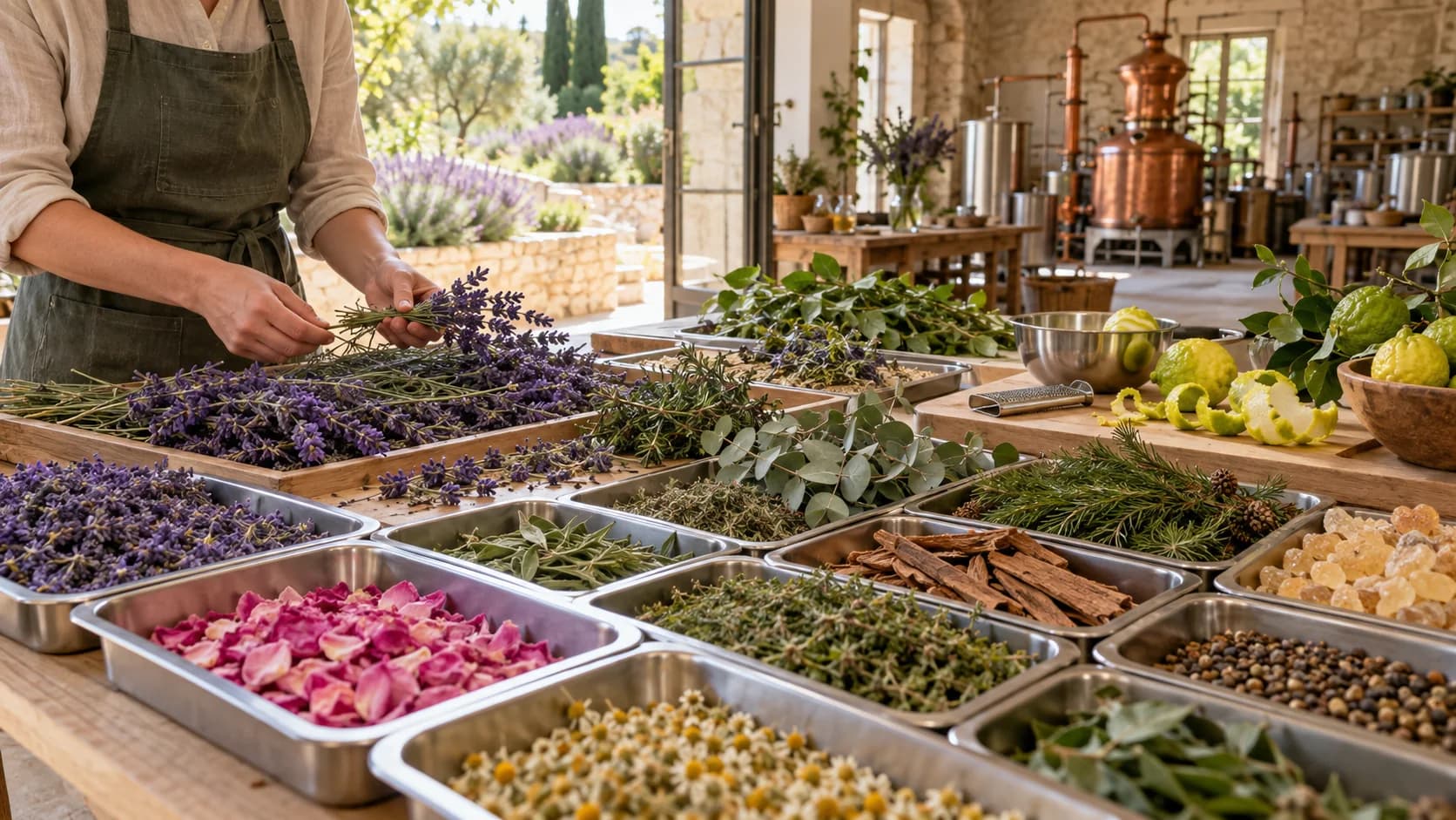 Table de tri avec des bacs séparés de lavande, pétales de rose, eucalyptus, aiguilles de pin, écorces, résine et camomille ; à droite, des bergamotes en cours de zestage ; au fond, des alambics.