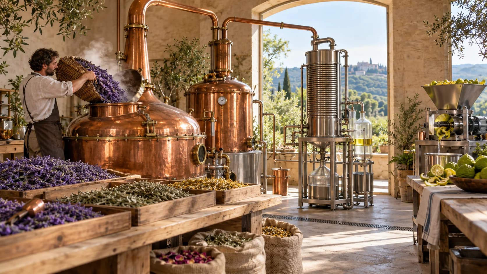 Distillerie avec un alambic en cuivre que l'on charge de lavande, une colonne de refroidissement en inox et, à droite, une presse à agrumes.