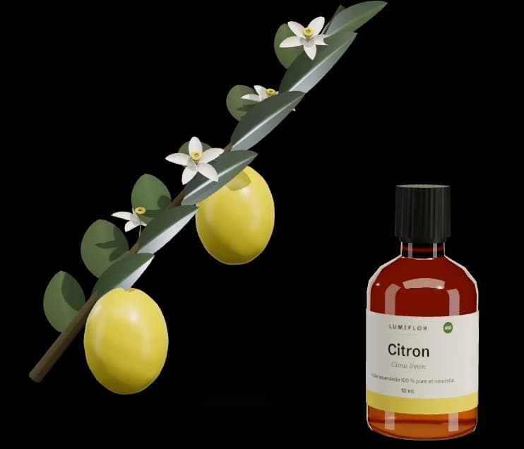 Citron en 3D avec son flacon